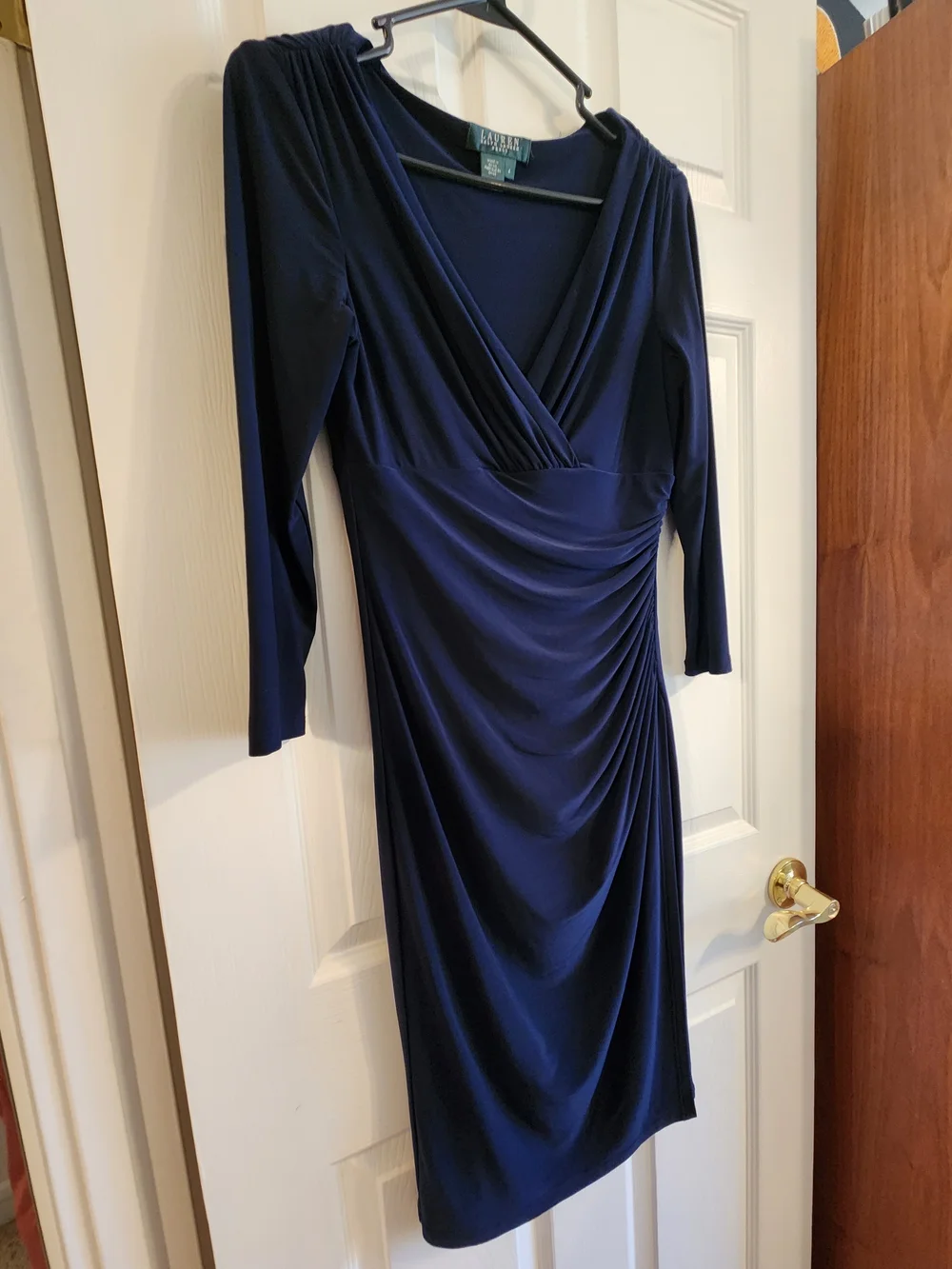 Ralph Lauren Navy Ruched V-Neck Long Sleeve Sheath Size 4 - Picture 4 of 8